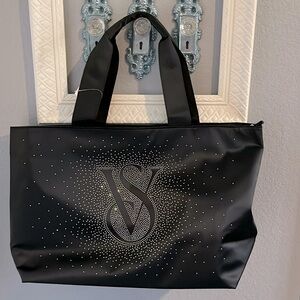 VS black satin feel tote with gem stones on the front